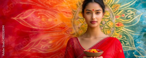 Young indian woman in  tradition red mekhla on colorful bright blurred rangoli background. Diwali,  Ugadi, Gudi Padwa, Hindu New Year. Indian festival  banner, copy space. photo