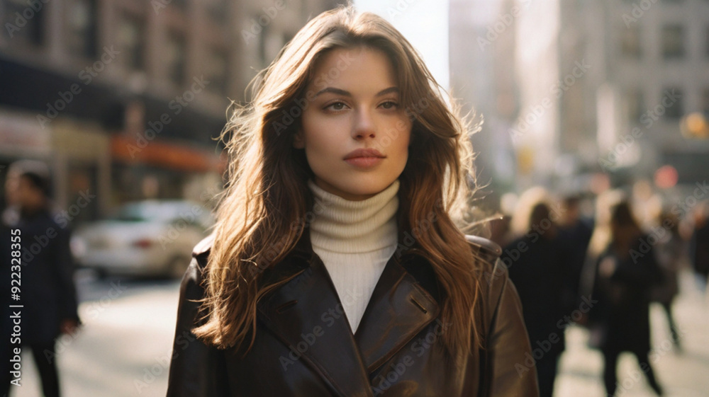 Portrait of gorgeous fashionable young woman in leather jacket in the city street, fall fashion streetwear Portrait of gorgeous fashionable young woman in leather jacket in the city street, fall fashion streetwear