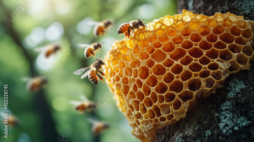 Close-up of Honeybees Working on Honeycomb Attached to Tree Trunk