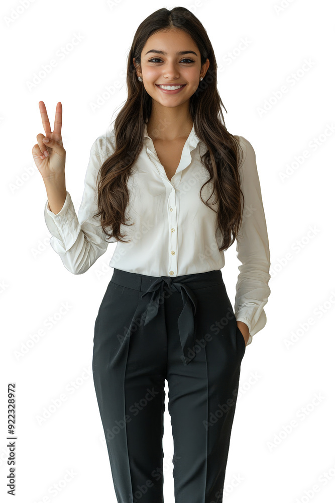 Professional Young Smiling Indian Woman in Business Attire Making a Victory Sign, Transparent Background Professional Young Smiling Indian Woman in Business Attire Making a Victory Sign, Transparent Background