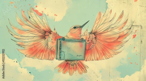 A detailed sketch of a wallet with wings flying away, whimsical, pastel colors photo