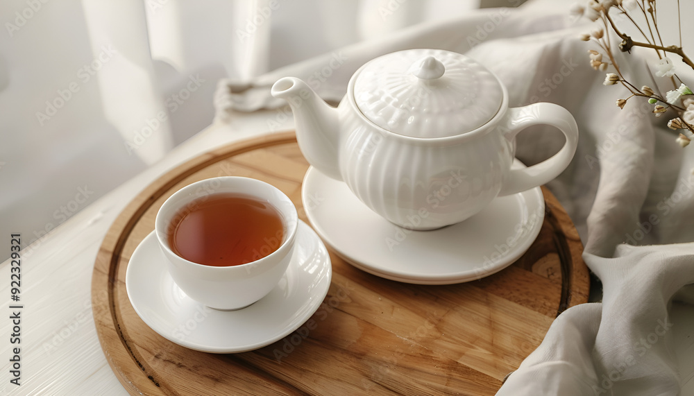 A white porcelain teapot on a wooden board and a white cup with tea on a table. Top view. Copy space A white porcelain teapot on a wooden board and a white cup with tea on a table. Top view. Copy space