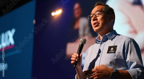 Professional Speaker Presenting at a Business Conference with a Microphone