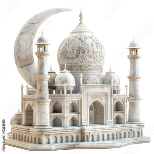 Detailed Miniature Mosque with Crescent Moon in Marble Finish Isolated without Background