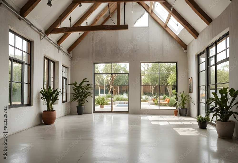 Fototapeta premium an empty room with plants and windows.