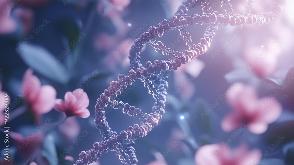 A detailed representation of a DNA strand intertwined with blooming flowers in a soft, ethereal light A detailed representation of a DNA strand intertwined with blooming flowers in a soft, ethereal light