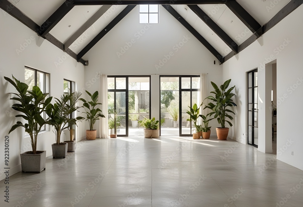 Obraz premium an empty room with plants and windows.