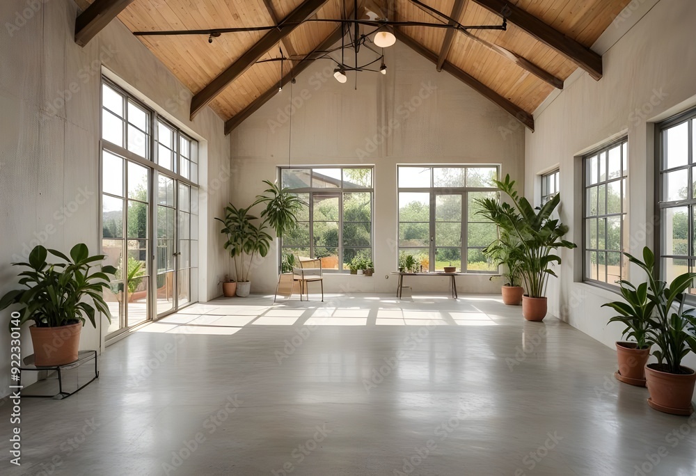 an empty room with plants and windows. an empty room with plants and windows.