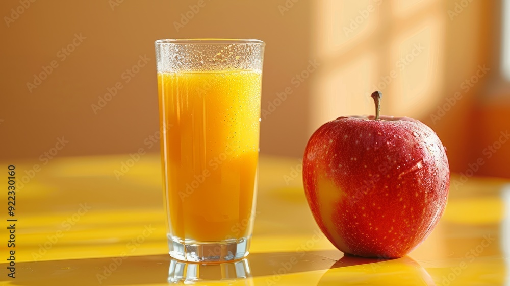 Freshly squeezed orange juice beside a red apple on a sunlit yellow table Freshly squeezed orange juice beside a red apple on a sunlit yellow table
