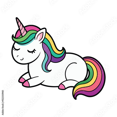 Cute Unicorn Clipart,  A rainbow unicorn is lying down with its legs tucked Vector illustration