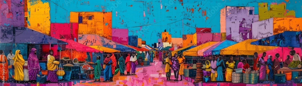 A market scene with a clear divide between rich and poor vendors, pop art, vibrant colors A market scene with a clear divide between rich and poor vendors, pop art, vibrant colors