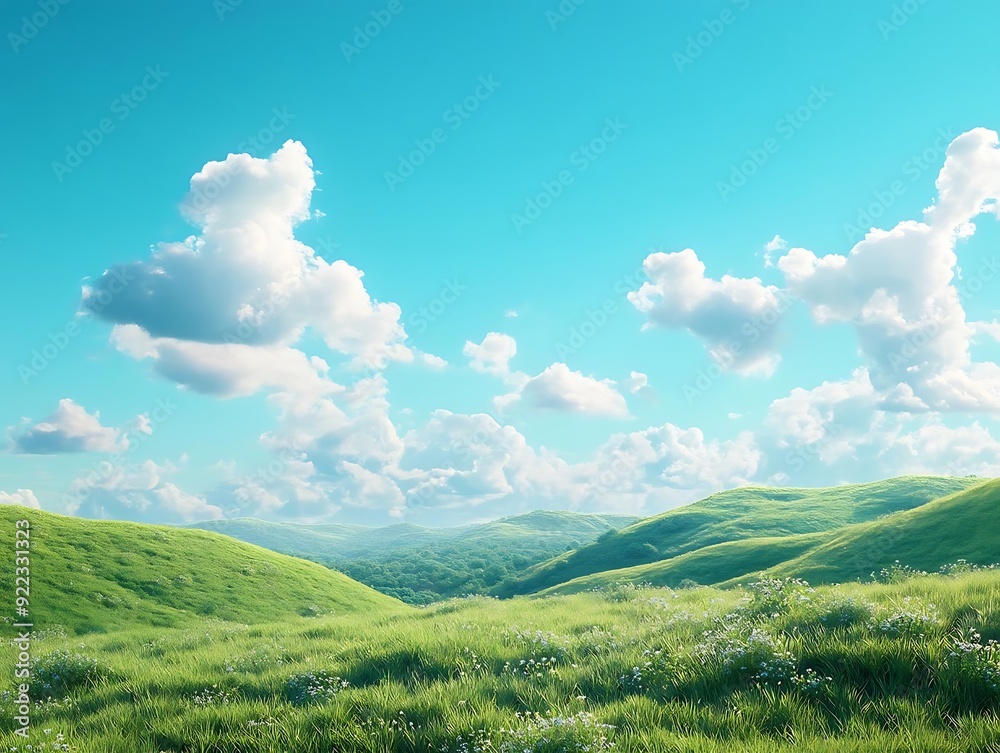 Green Grass Hills with White Clouds and Blue Sky Illustration Green Grass Hills with White Clouds and Blue Sky Illustration