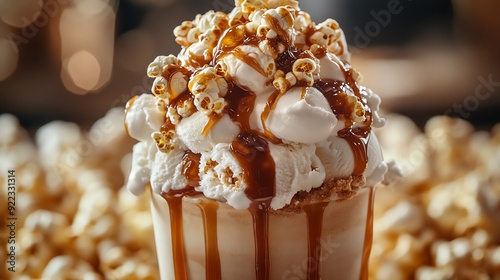 Closeup of a marshmallowtopped ice cream sundae, with caramel popcorn cascading down the sides, marshmallow ice cream sundae popcorn, detailed dessert closeup photo