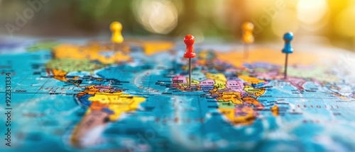 Close-up of a colorful world map with push pins marking various travel destinations, highlighting global exploration and vacation planning.