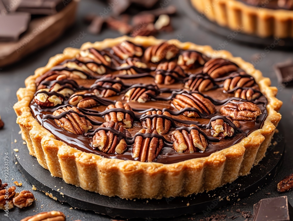 Elegant tart with a smooth toffee filling, decorated with pecans and drizzled with dark chocolate, toffee tart nuts, decadent dessert luxury Elegant tart with a smooth toffee filling, decorated with pecans and drizzled with dark chocolate, toffee tart nuts, decadent dessert luxury