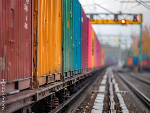 Colorful shipping containers lined along a railway track in an industrial area during the early morning