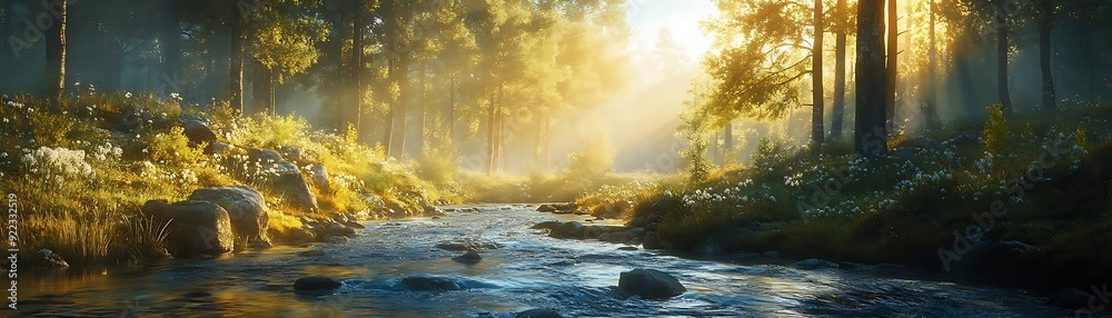 Golden Sunlight Through Forest Trees by a River Illustration Golden Sunlight Through Forest Trees by a River Illustration