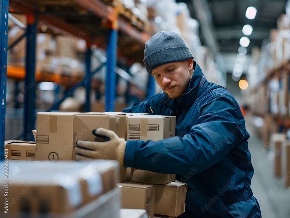 Worker stacking cardboard boxes in a busy warehouse during daytime Worker stacking cardboard boxes in a busy warehouse during daytime