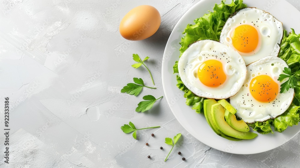 Healthy breakfast of sunny-side-up eggs with avocado and greens on a white plate, perfect morning meal for a nutritious start to the day. Healthy breakfast of sunny-side-up eggs with avocado and greens on a white plate, perfect morning meal for a nutritious start to the day.
