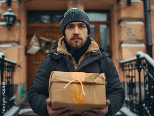 Man standing on snowy steps holding a cardboard package outside a building in winter