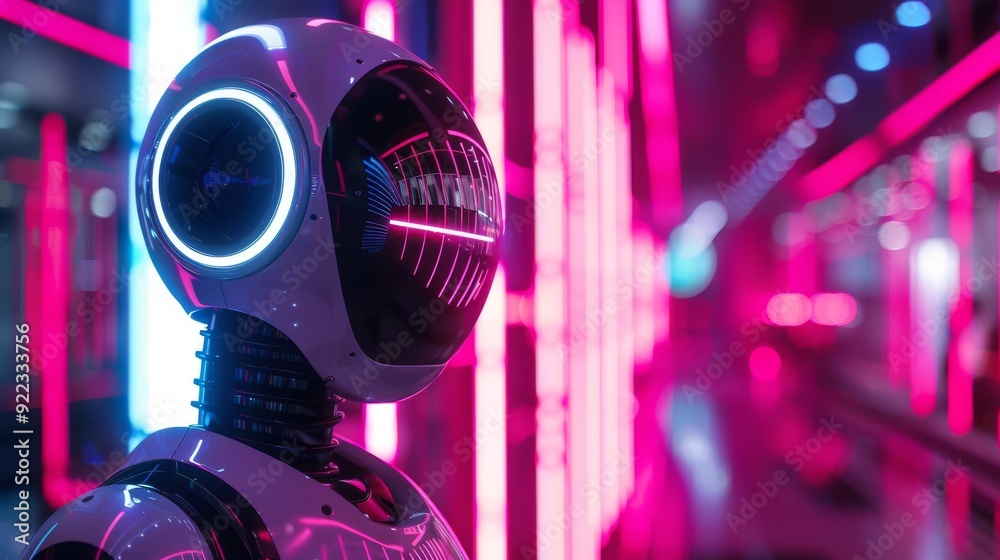 Fototapeta premium A robot assistant helping with cryptocurrency investments, cyberpunk, neon lights