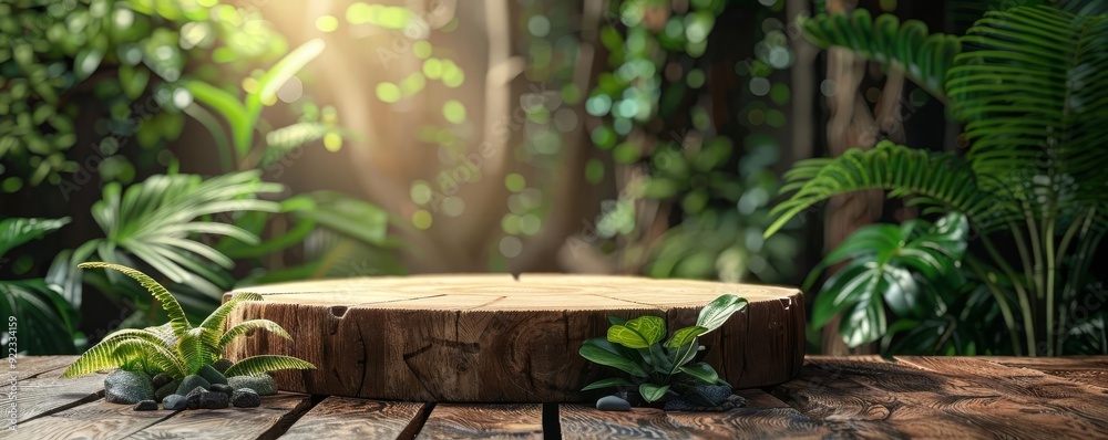 Fototapeta premium A rustic wooden podium in a nature setting, showcasing ecofriendly products, warm tones, natural lighting