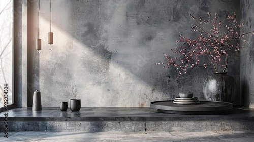 A sleek metal podium with a matte finish, industrial lighting, showcasing modern home decor