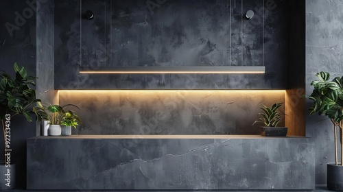 A sleek metal podium with a matte finish, industrial lighting, showcasing modern home decor