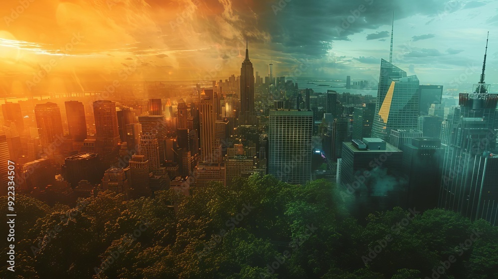 A splitscreen of a polluted city and a green, sustainable city, high contrast, dynamic A splitscreen of a polluted city and a green, sustainable city, high contrast, dynamic