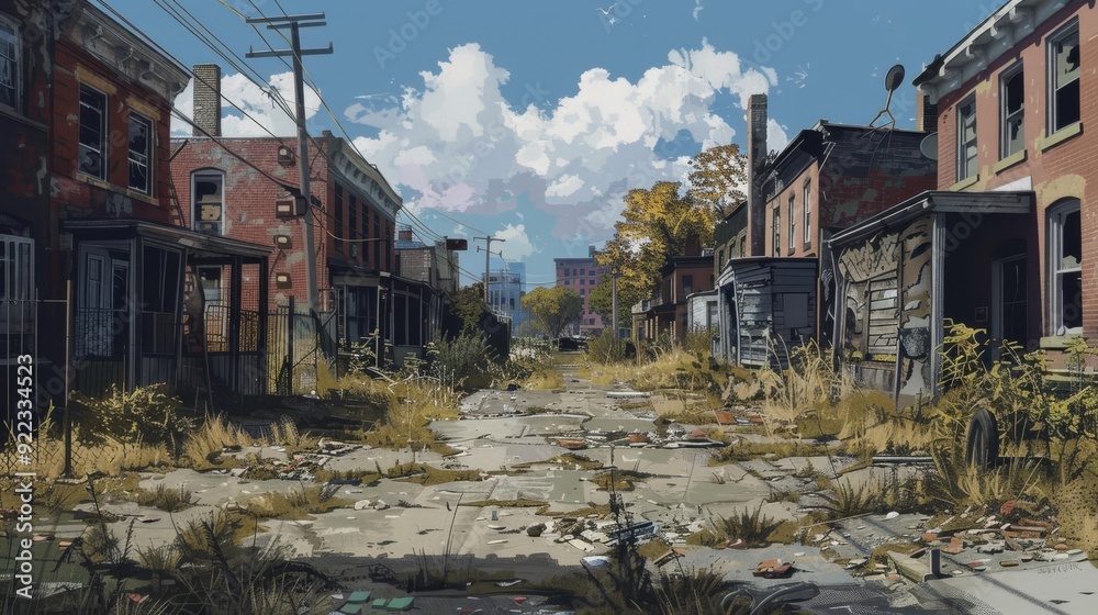 Fototapeta premium A stark depiction of a rundown neighborhood, muted colors, detailed sketch, realistic