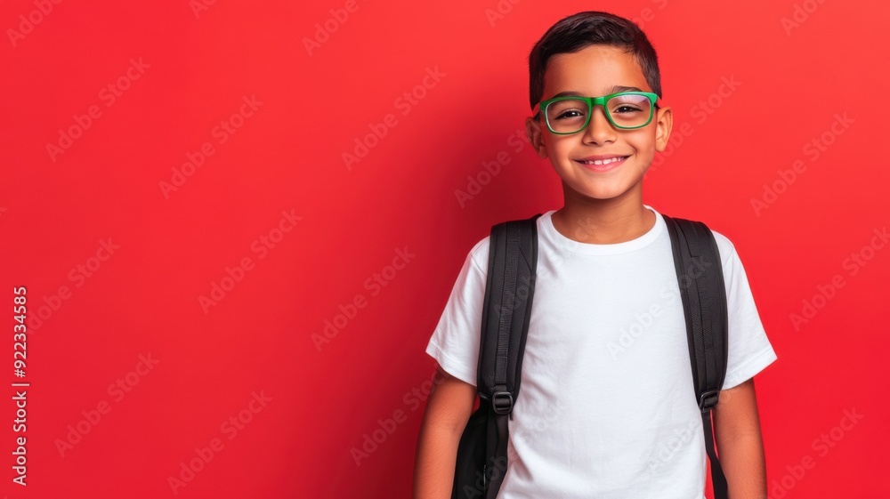 Fototapeta premium Ready-for-adventure young boy with light brown skin and straight hair smiling energetically with a black backpack against a vibrant red background. Copyspace
