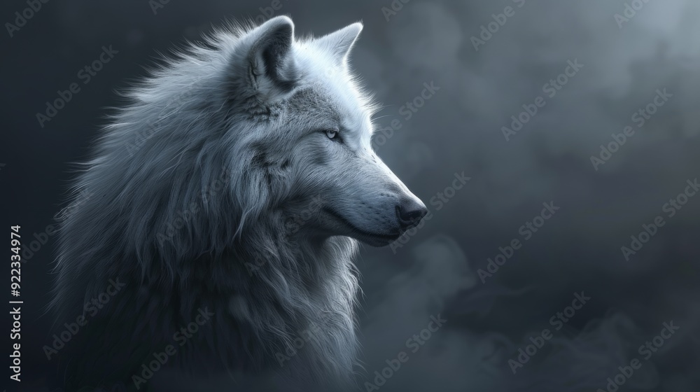 Obraz premium White wolf gracefully stands in misty forest at twilight, embodying serene wilderness