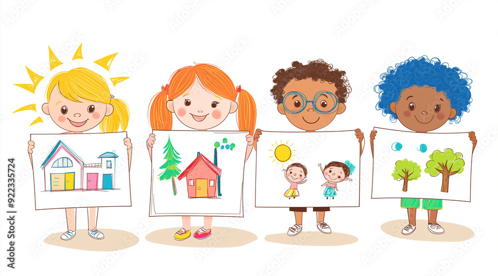 4 children are holding drawings of their family, houses and suns in their hands. white background. 4 children are holding drawings of their family, houses and suns in their hands. white background.