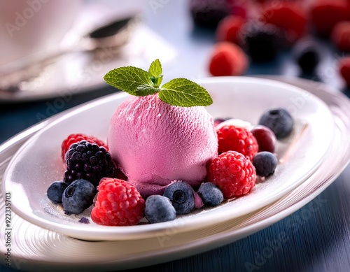 Traditional Russian plombir ice cream with berries photo