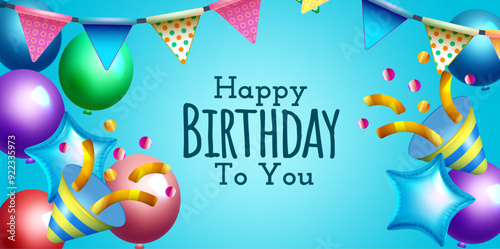 Festive birthday banner with balloons, flags, and confetti. Perfect for parties.