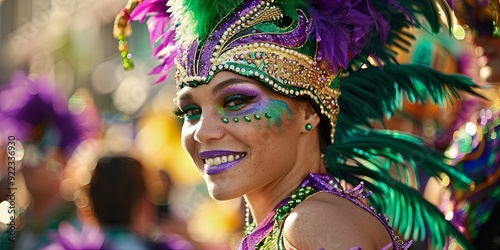 Woman in a purple and green costume with feathers and glitter smiling at the camera.