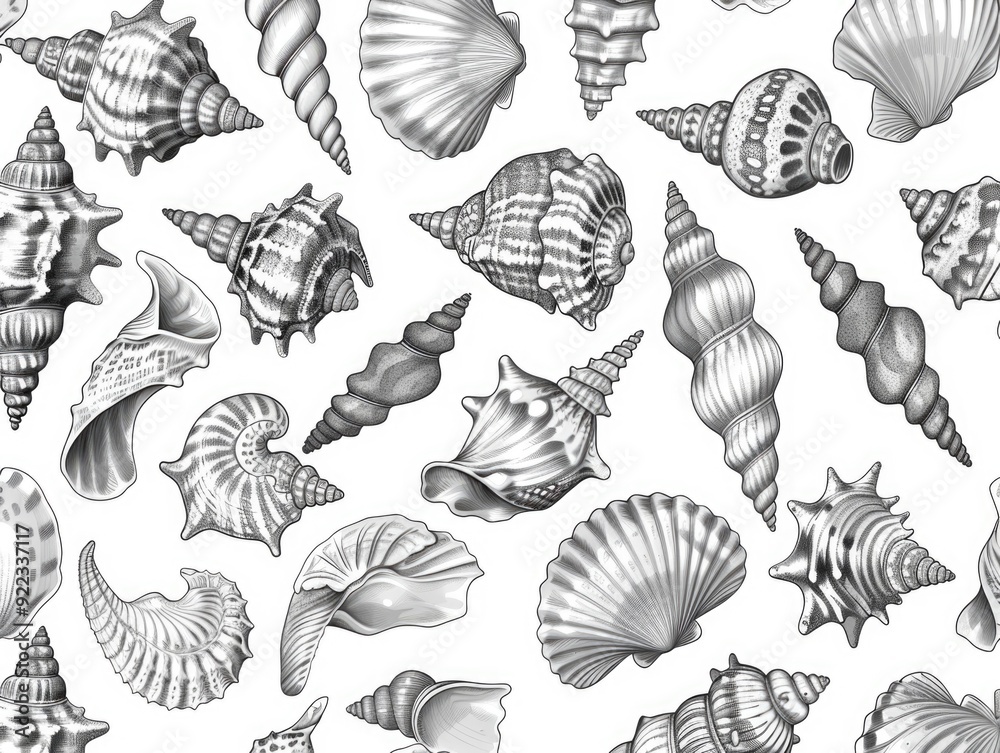 An array of seashells in black and white, ideal for beach-themed decorations or patterns. An array of seashells in black and white, ideal for beach-themed decorations or patterns.