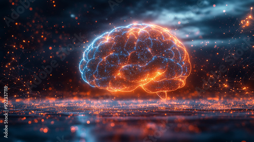 The Spark of Genius: A mesmerizing 3D rendering of a human brain, illuminated with vibrant orange and blue energy, radiating a sense of power and potential. The swirling particles and celestial backgr