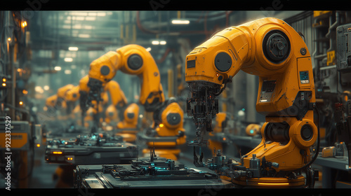 Automated Assembly: A symphony of precision, a line of futuristic robotic arms work in unison, their movements a testament to the advancements in modern manufacturing. 