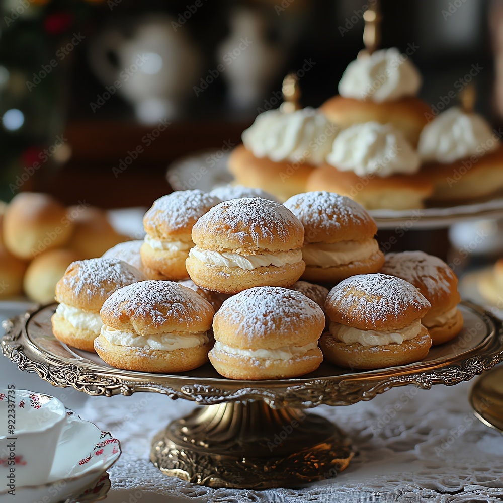 Puddingstuffed cookies served on a platter with mini sweet buns, topped with a dusting of powdered sugar, pudding cookies buns platter, elegant dessert assortment Puddingstuffed cookies served on a platter with mini sweet buns, topped with a dusting of powdered sugar, pudding cookies buns platter, elegant dessert assortment