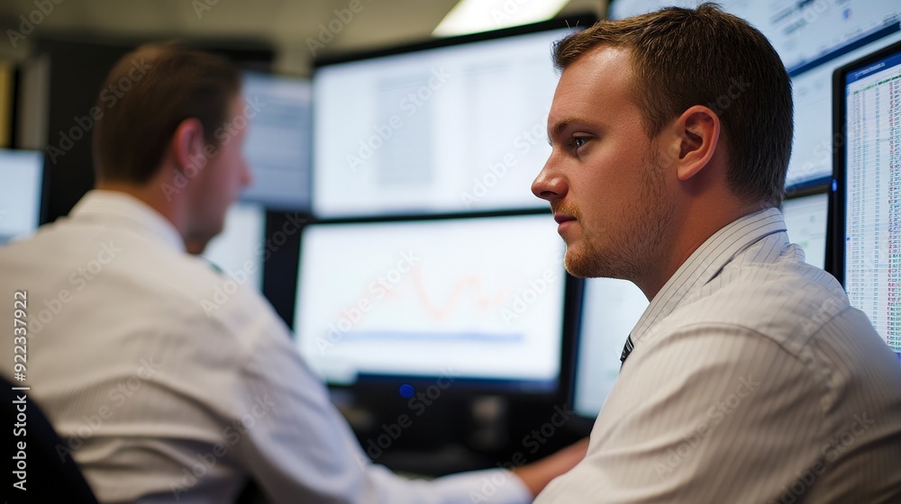 Fototapeta premium Analyzing Financial Data: Expert Financial Analyst Reviewing Reports and Charts on Dual Monitors in Modern Office Setting
