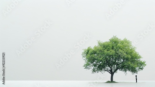 Minimalist child playing hide and seek, single tree, white background