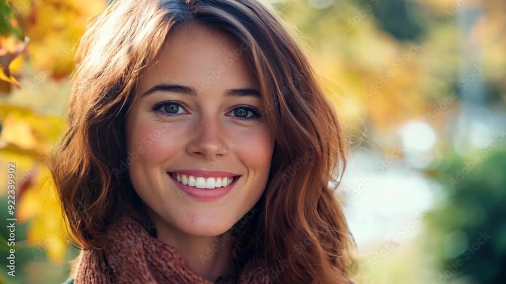 Young woman smiling in a sunny park during autumn with colorful leaves in the background Young woman smiling in a sunny park during autumn with colorful leaves in the background