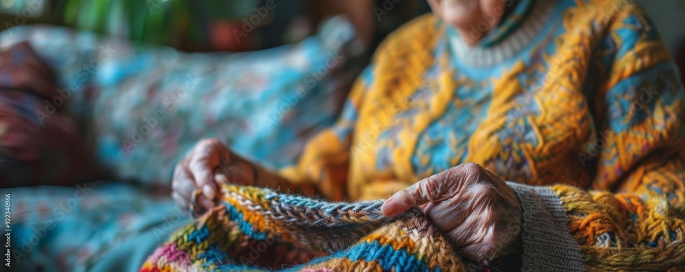 Obraz premium Minimalist elderly person knitting, single knitting needle, natural light