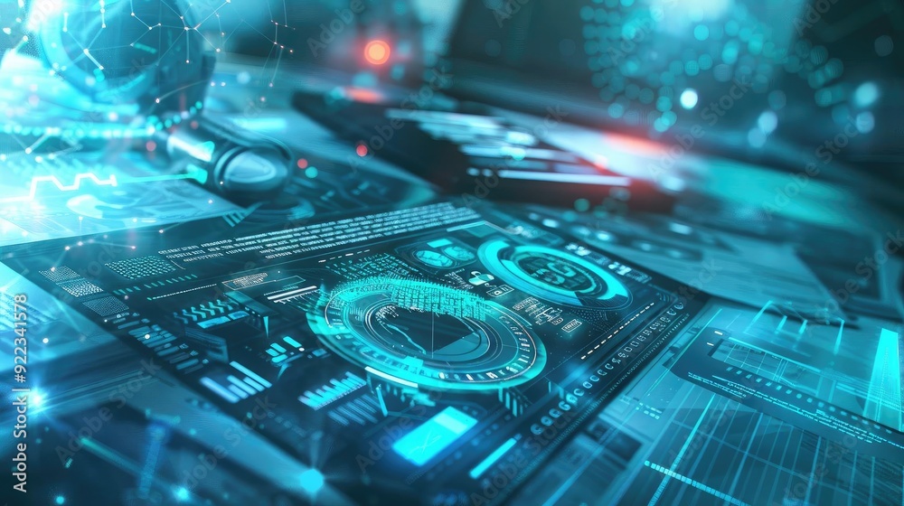 Futuristic digital interface displaying data metrics and analytics in a tech environment with glowing elements and overlays.