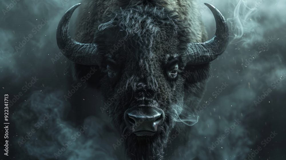 Naklejka premium Bison stands boldly in misty setting during early morning light in a serene natural landscape