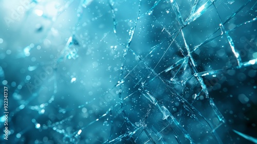 Shattered glass with blue lighting creating an abstract pattern in a dark environment