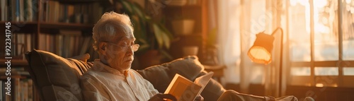 Minimalist elderly person reading, single lamp, soft light