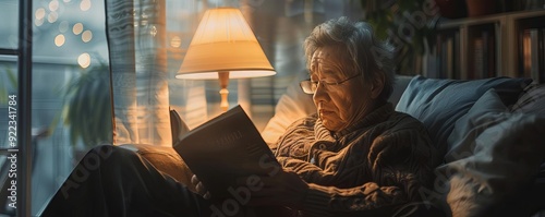 Minimalist elderly person reading, single lamp, soft light