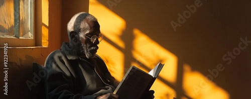 Minimalist elderly person reading, single lamp, soft light